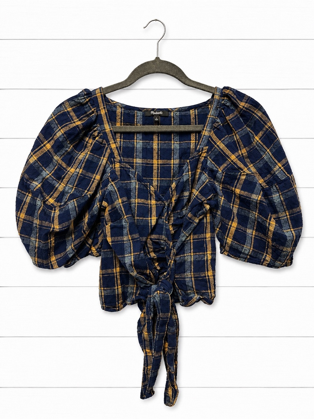 Madewell Navy & Mustard Plaid Tie-Front Puff Sleeve Blouse